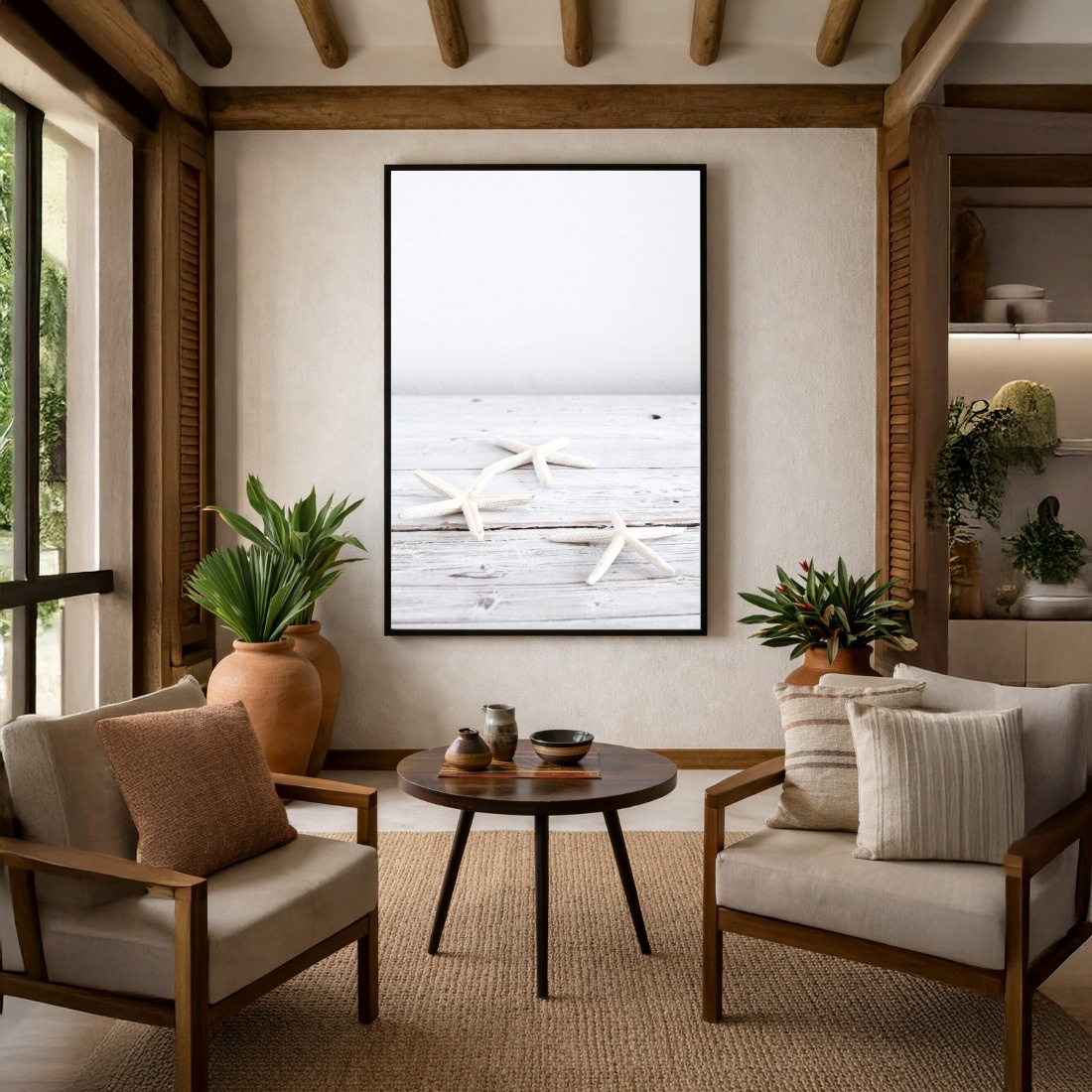 Quadro Canvas Estrelas Marinha Madeira Branco