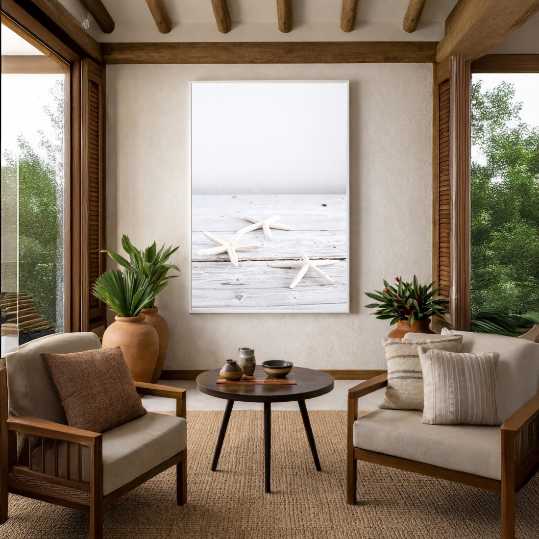 Quadro Canvas Estrelas Marinha Madeira Branco