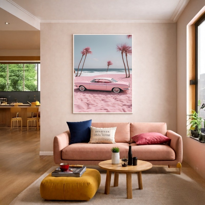Quadro Canvas Rosa Carro Vintage Praia
