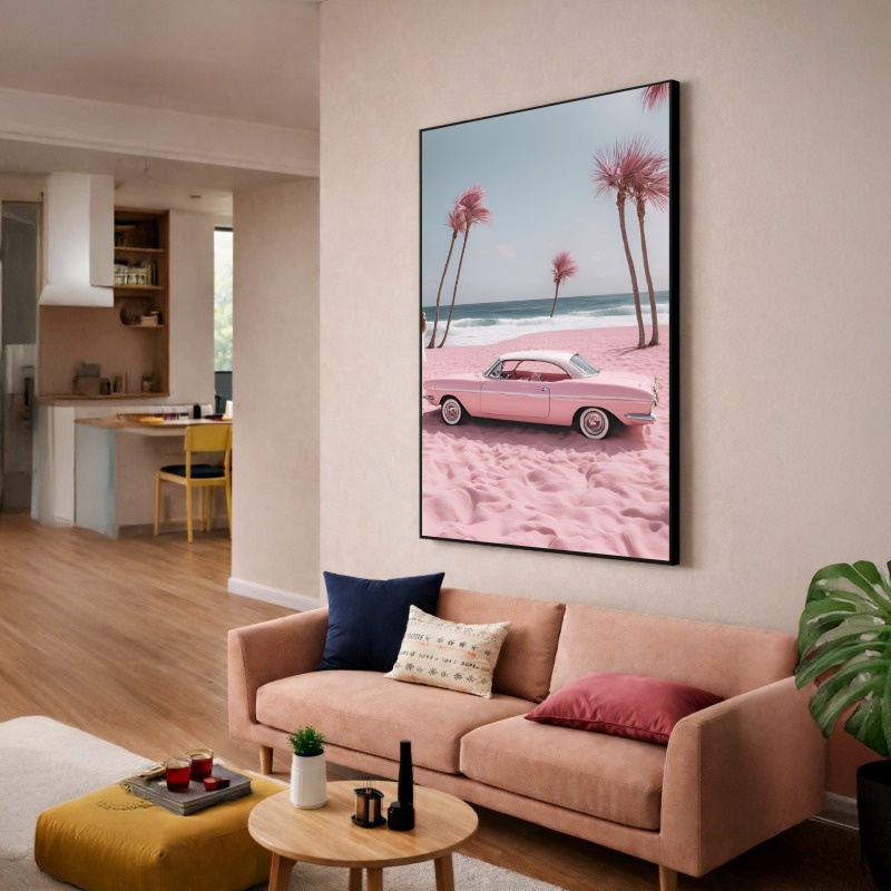 Quadro Canvas Rosa Carro Vintage Praia