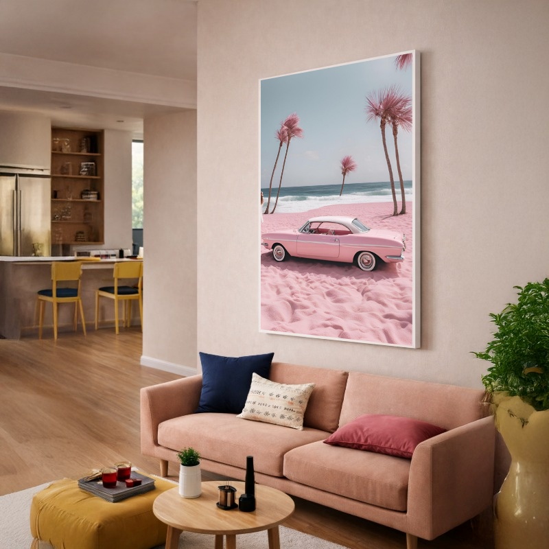 Quadro Canvas Rosa Carro Vintage Praia