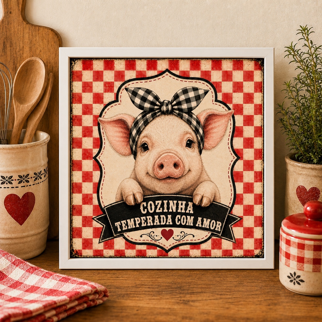 Quadro Country Cozinha Porquinha - 33x33 Cm