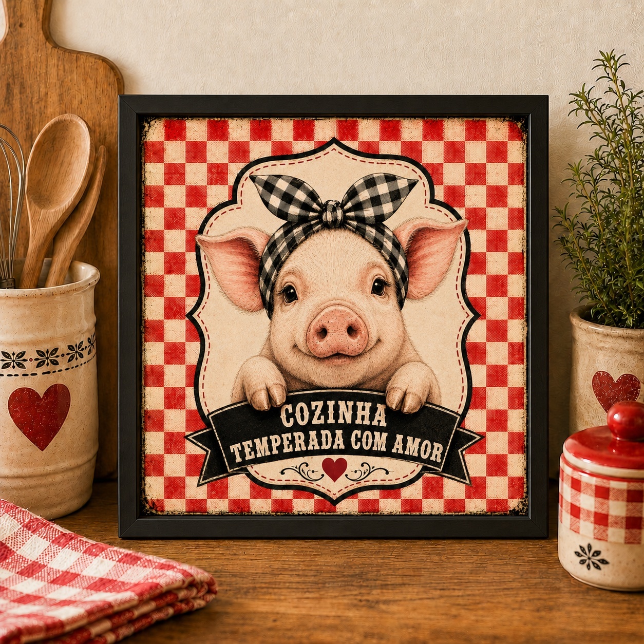 Quadro Country Cozinha Porquinha - 33x33 Cm