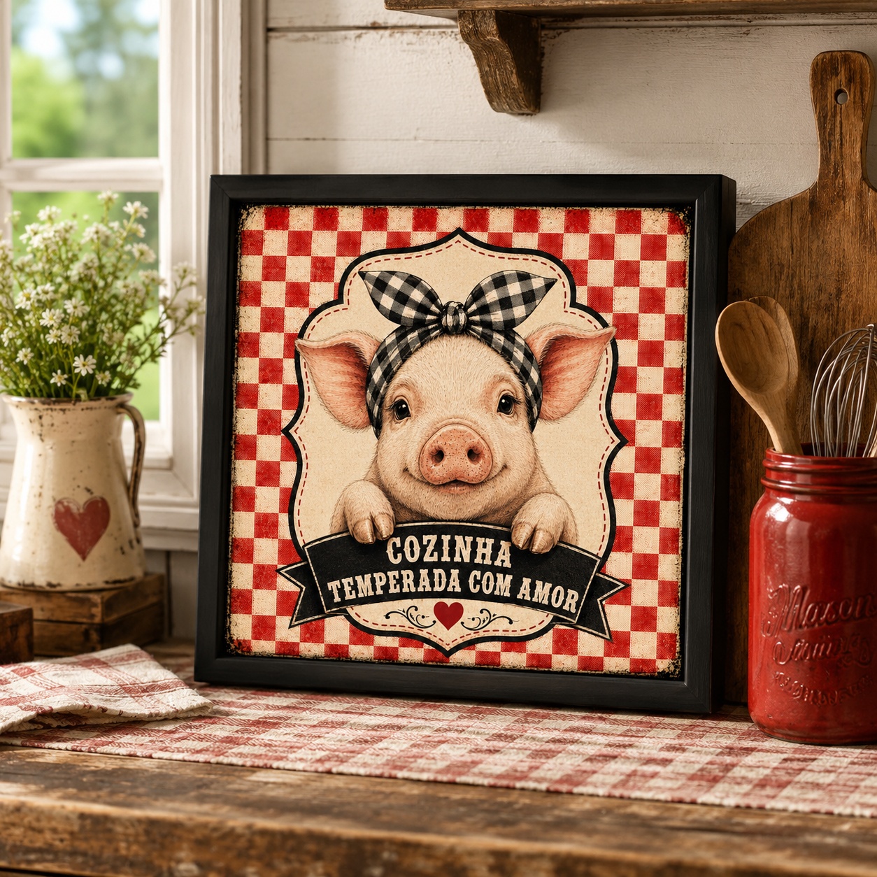 Quadro Country Cozinha Porquinha - 33x33 Cm