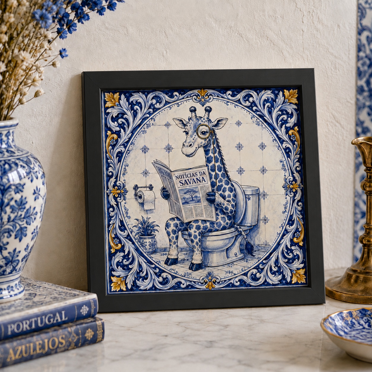Quadro Banheiro Girafa No Vaso Lendo Jornal - 33x33