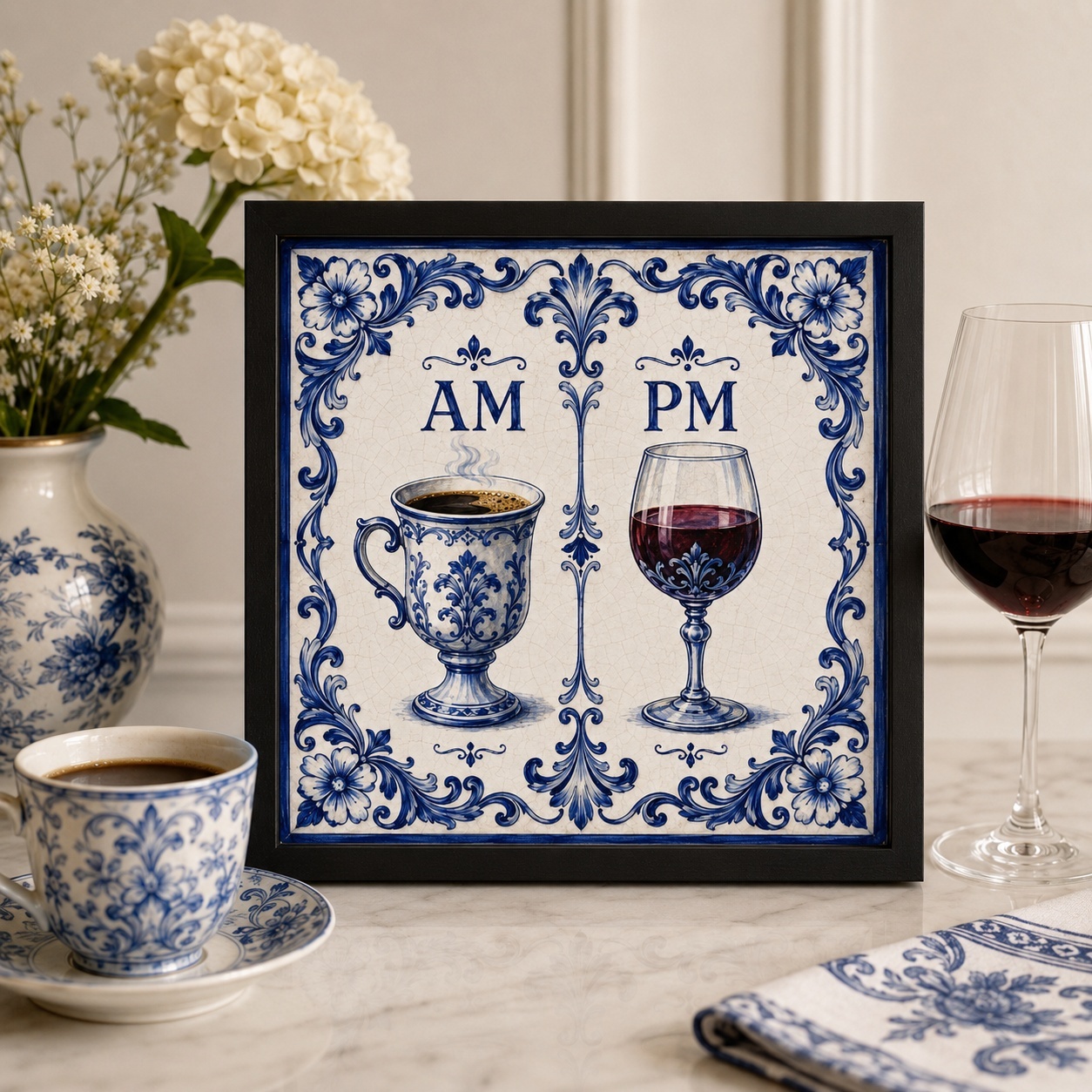 Quadro Café e Vinho - AM PM - 33x33 Cm