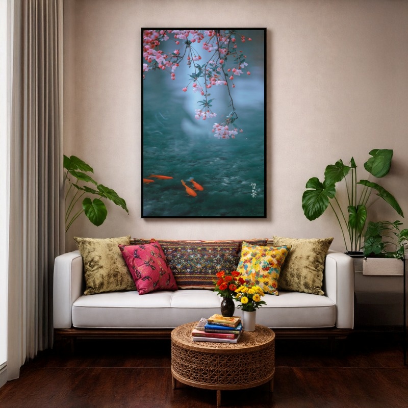 Quadro Canvas Água Peixes Flores Azul