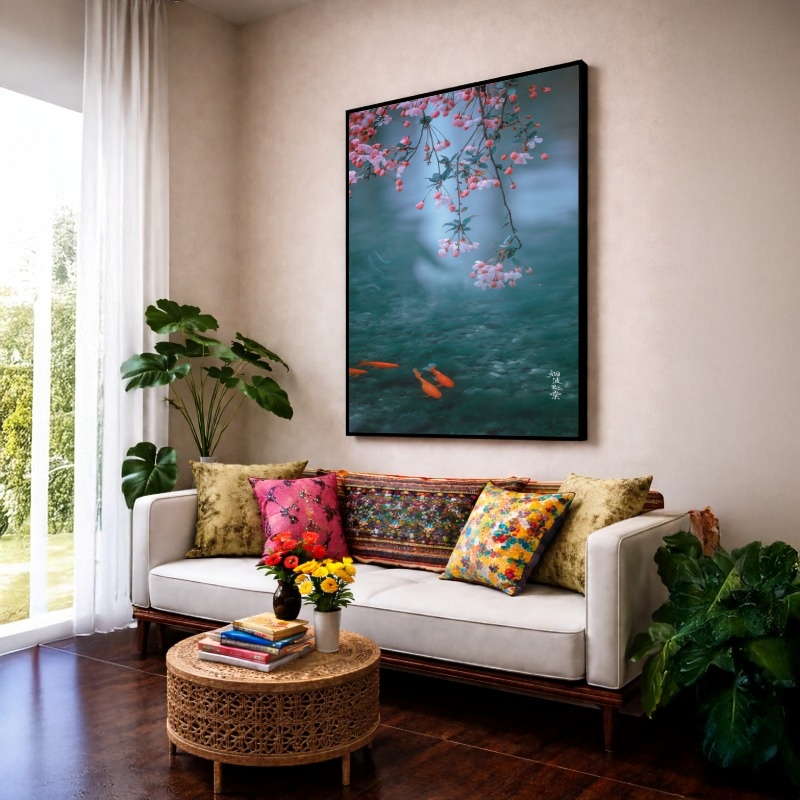 Quadro Canvas Água Peixes Flores Azul
