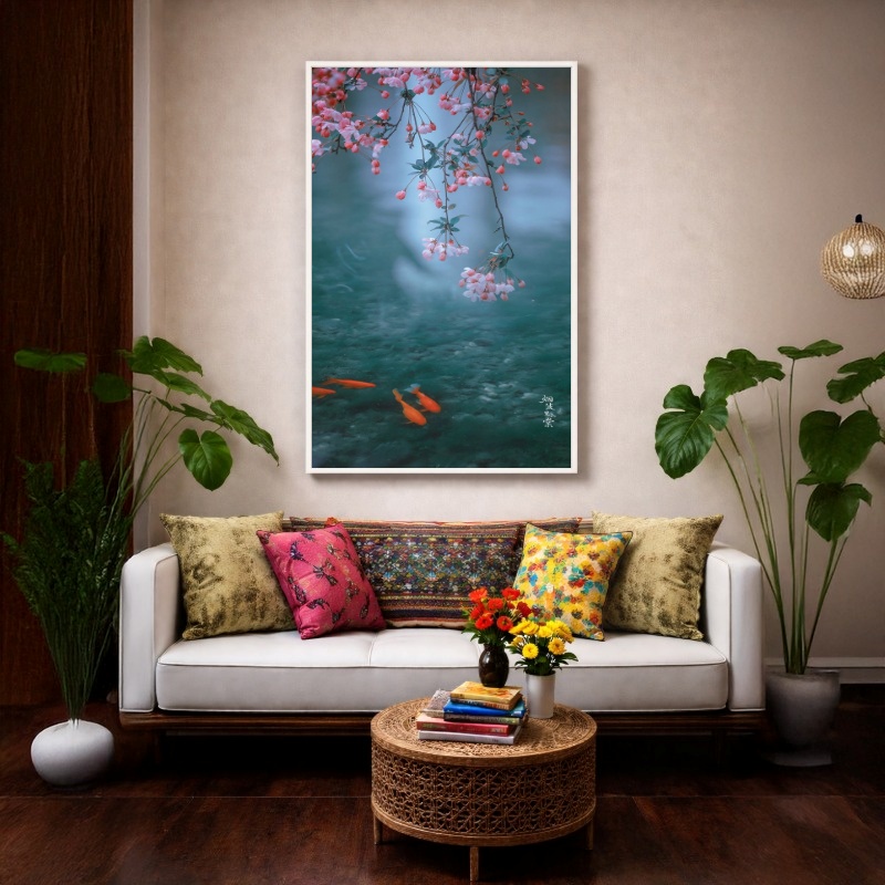 Quadro Canvas Água Peixes Flores Azul