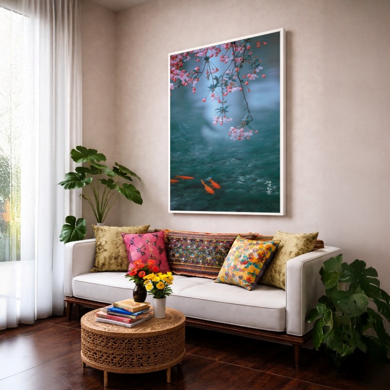 Quadro Canvas Água Peixes Flores Azul