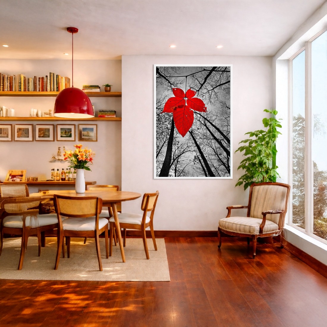 Quadro Canvas Árvores Preto Branco e Vermelho