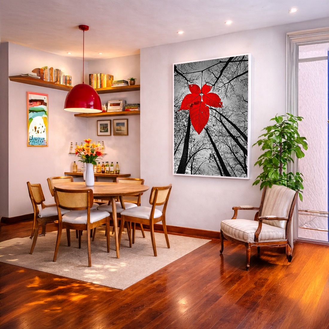 Quadro Canvas Árvores Preto Branco e Vermelho