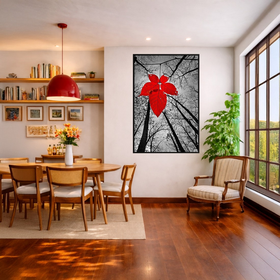 Quadro Canvas Árvores Preto Branco e Vermelho