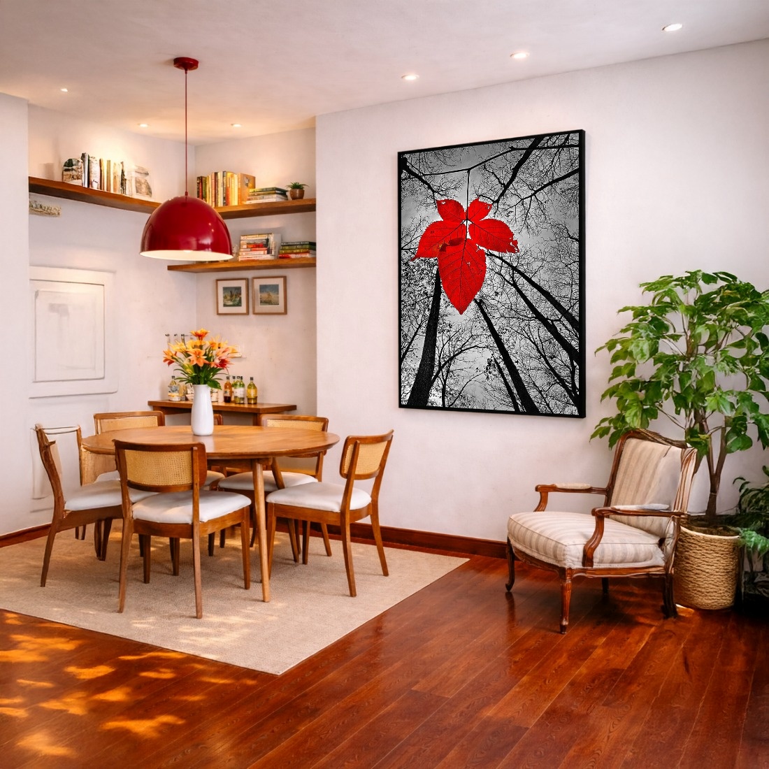 Quadro Canvas Árvores Preto Branco e Vermelho