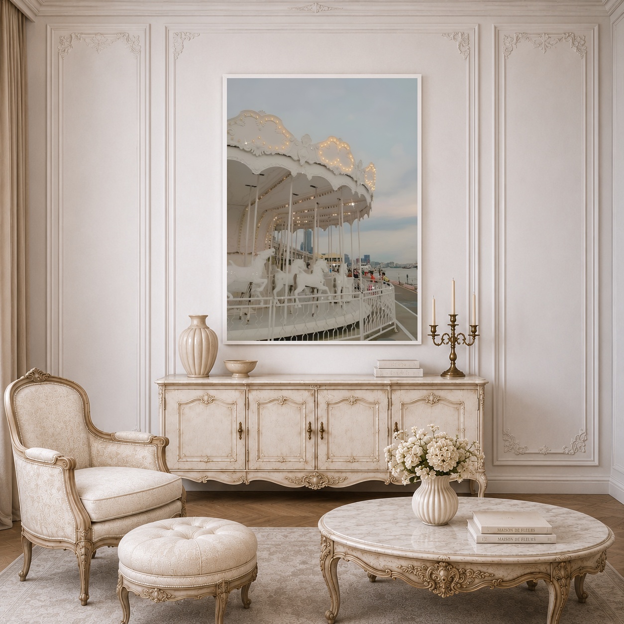 Quadro Canvas Bege Branco Carrossel Iluminado