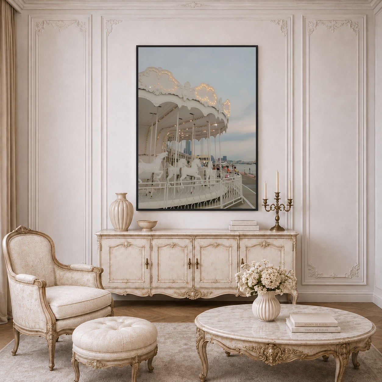Quadro Canvas Bege Branco Carrossel Iluminado