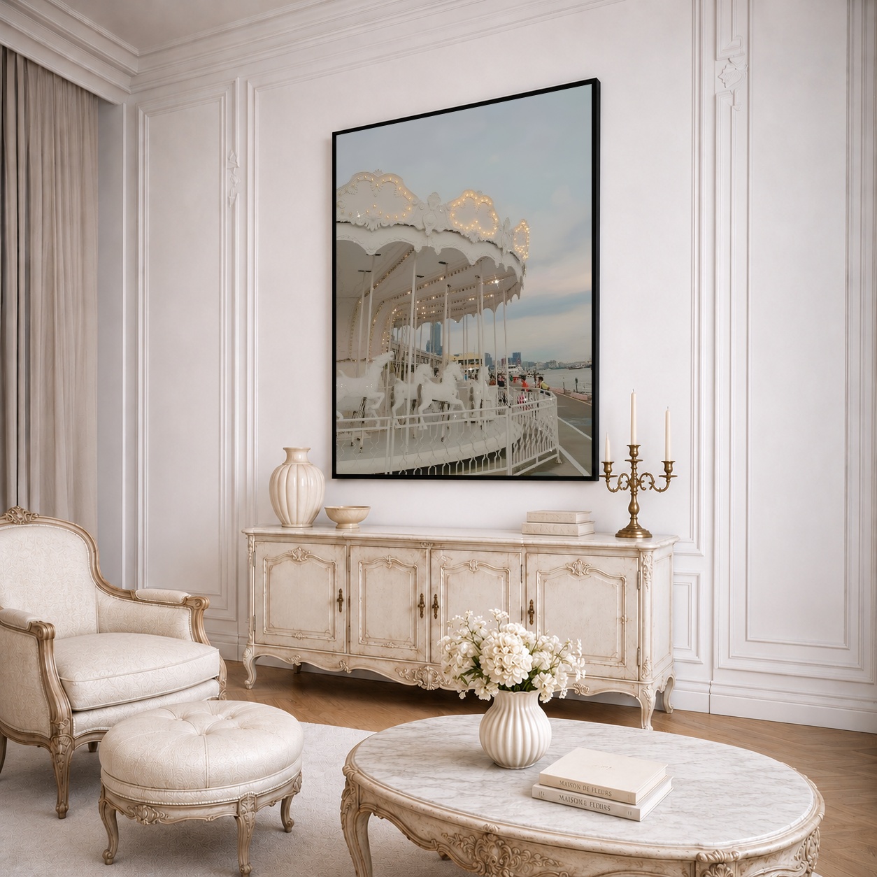 Quadro Canvas Bege Branco Carrossel Iluminado