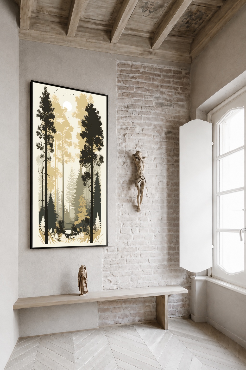 Quadro Canvas Bege Desenho Árvores