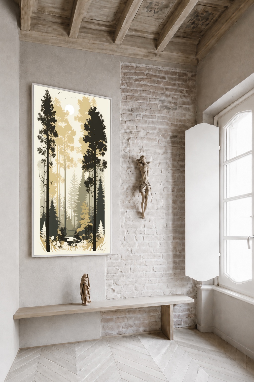 Quadro Canvas Bege Desenho Árvores
