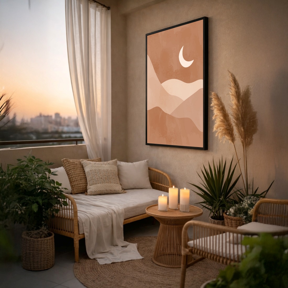 Quadro Canvas Bege Desenho Lua