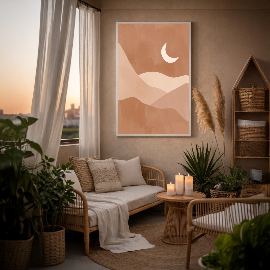 Quadro Canvas Bege Desenho Lua