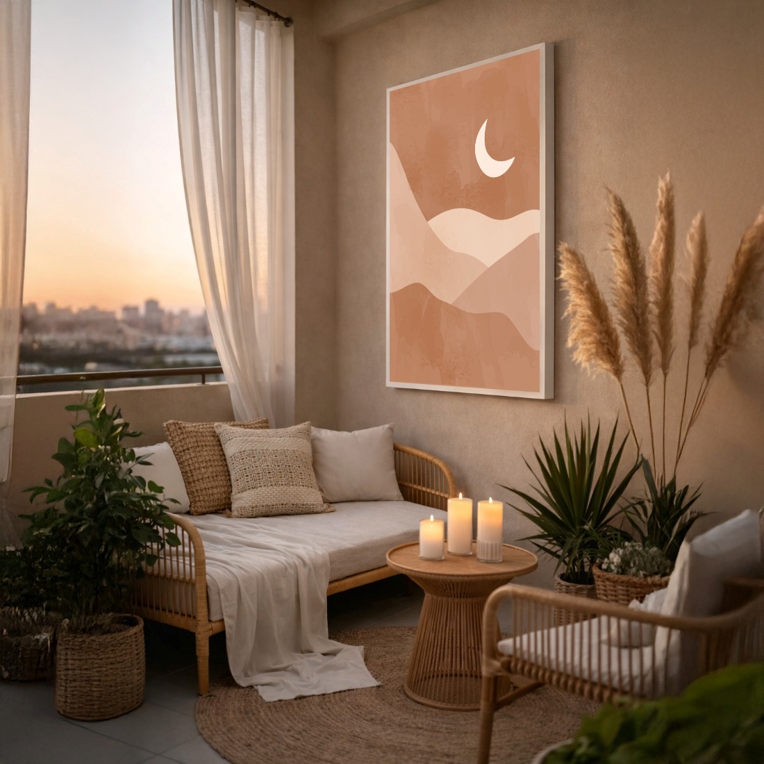 Quadro Canvas Bege Desenho Lua