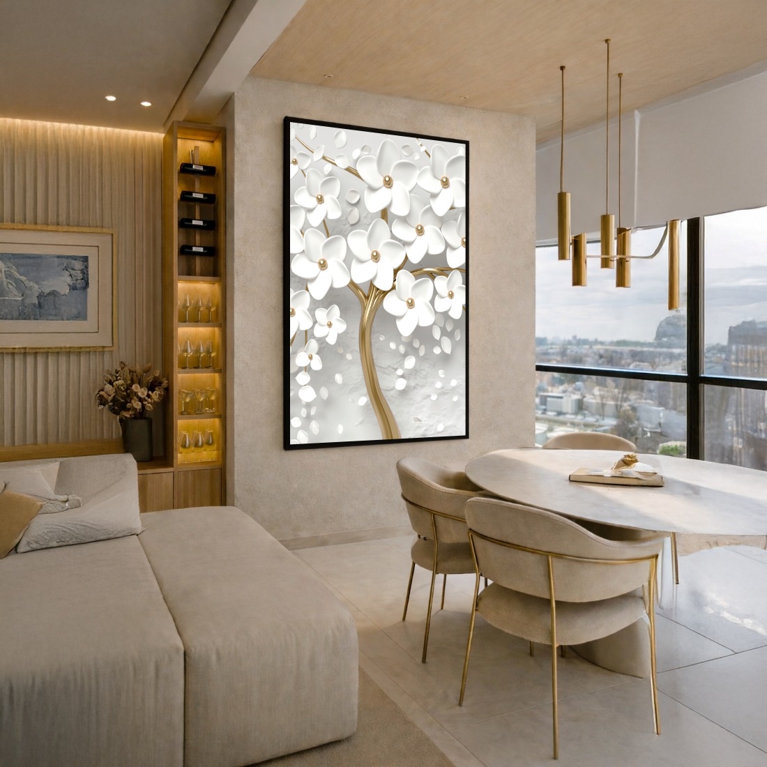Quadro Canvas Branco Dourado Flores