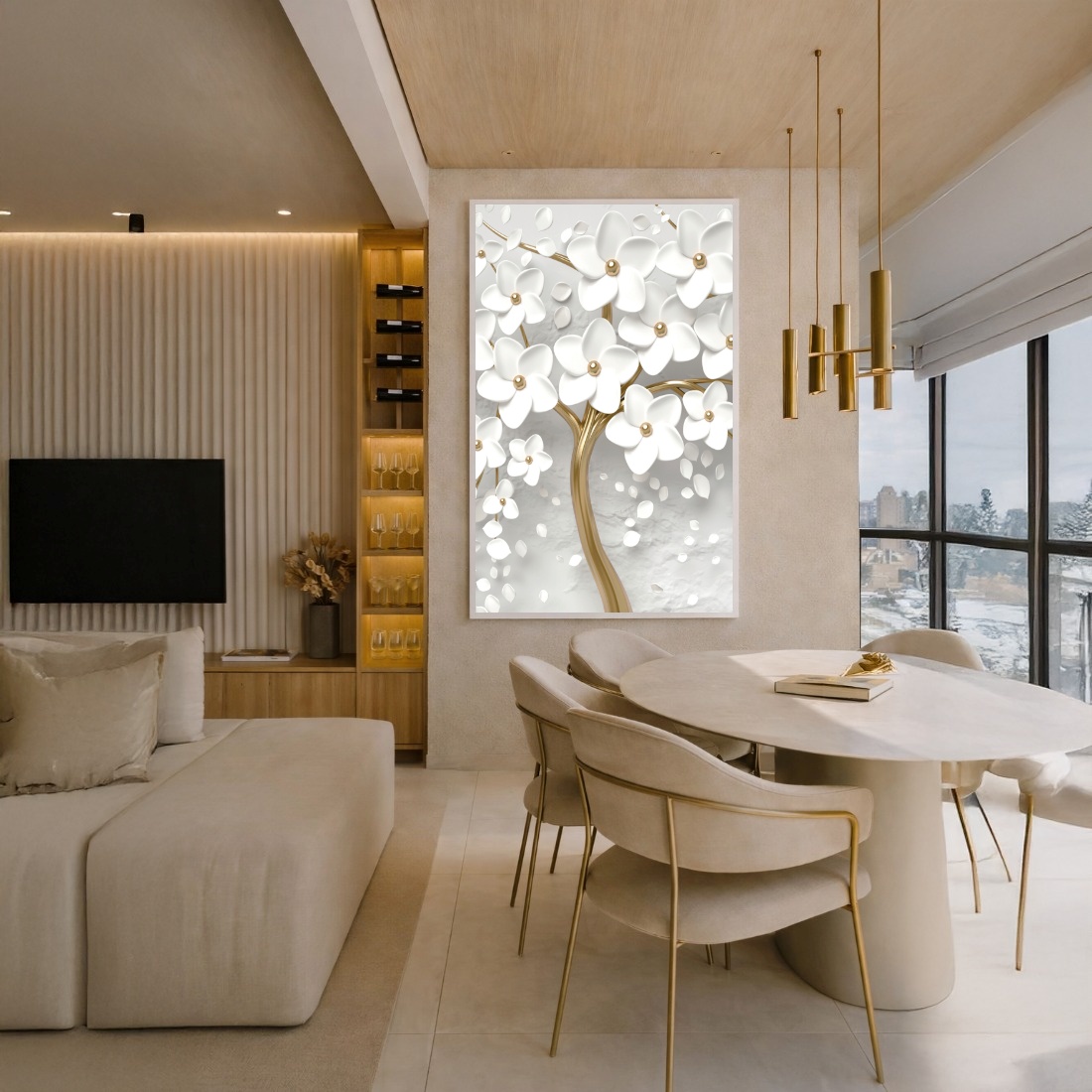 Quadro Canvas Branco Dourado Flores