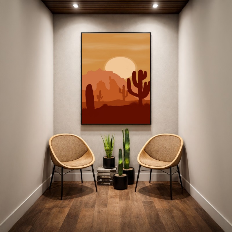 Quadro Canvas Cactos Sol Deserto Desenho