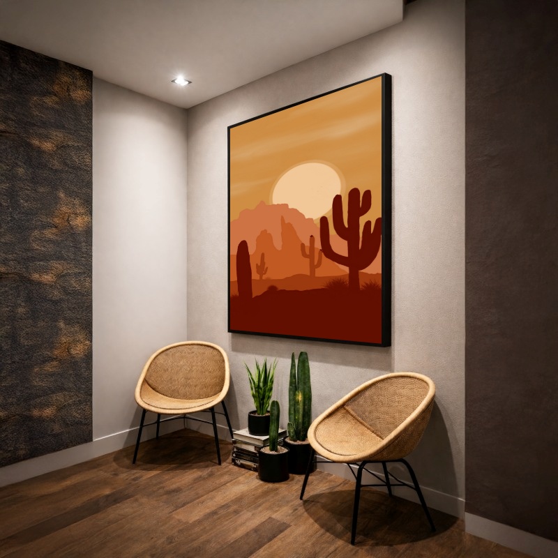 Quadro Canvas Cactos Sol Deserto Desenho