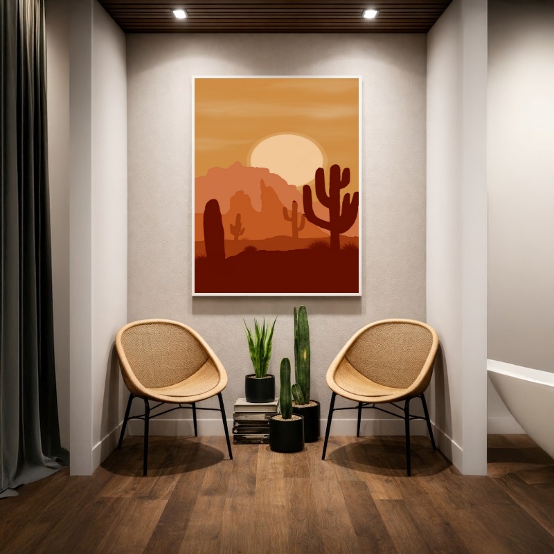 Quadro Canvas Cactos Sol Deserto Desenho