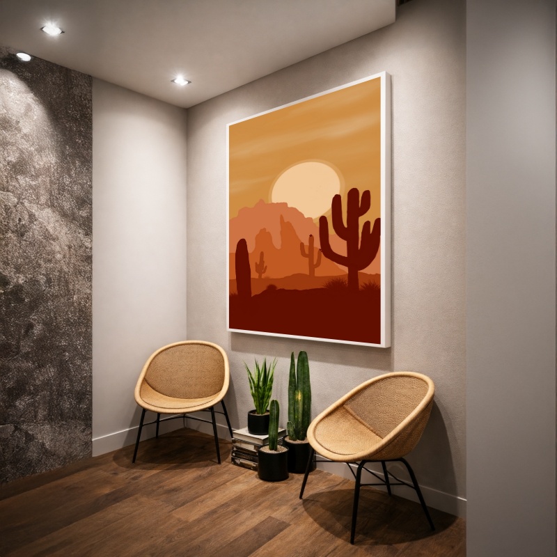 Quadro Canvas Cactos Sol Deserto Desenho