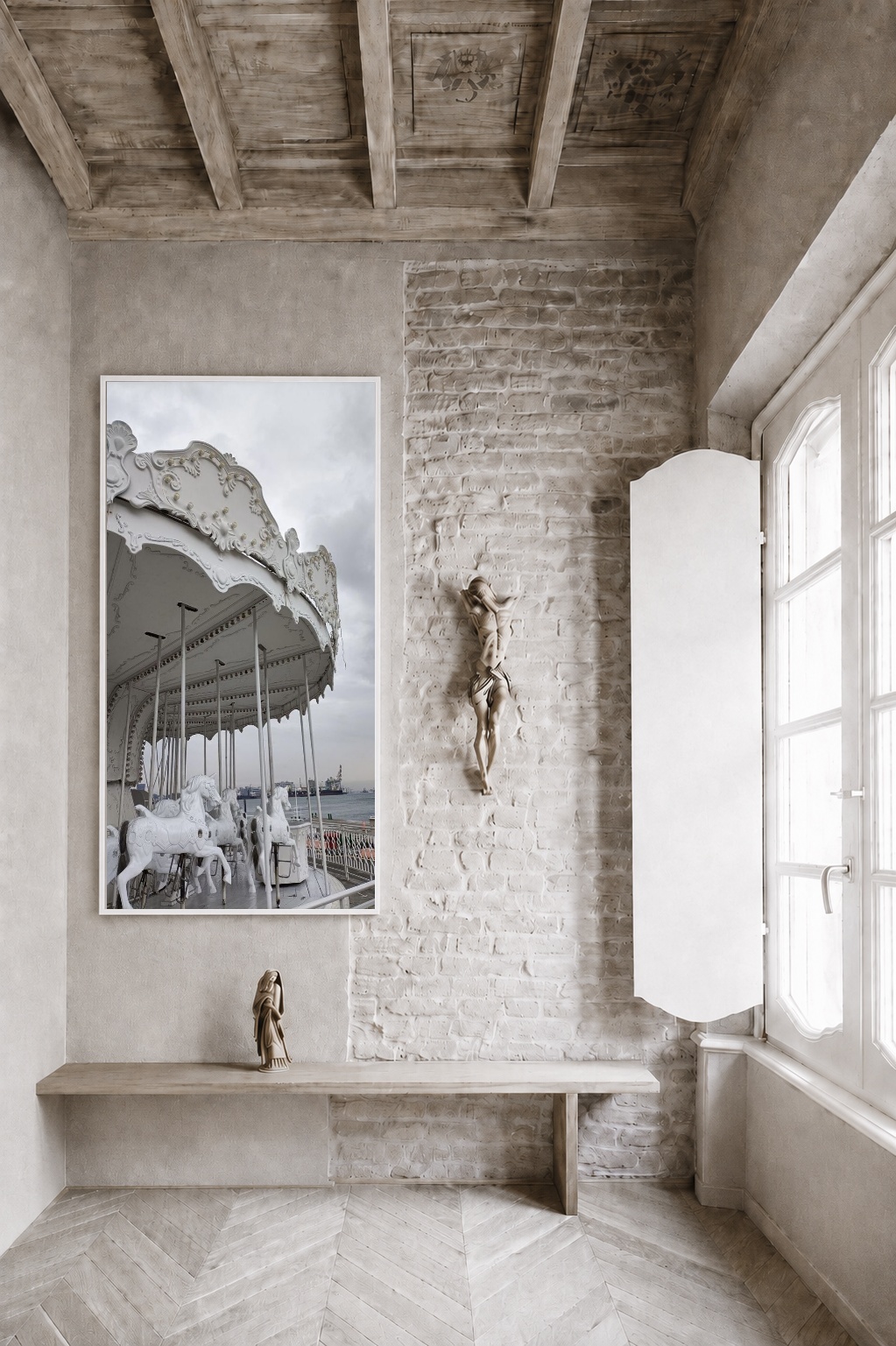 Quadro Canvas Carrossel Branco Vintage Retrô
