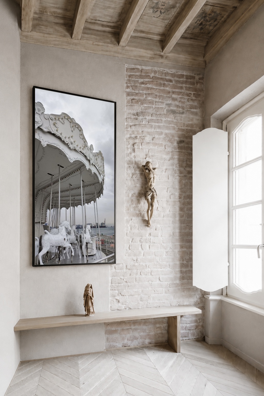 Quadro Canvas Carrossel Branco Vintage Retrô