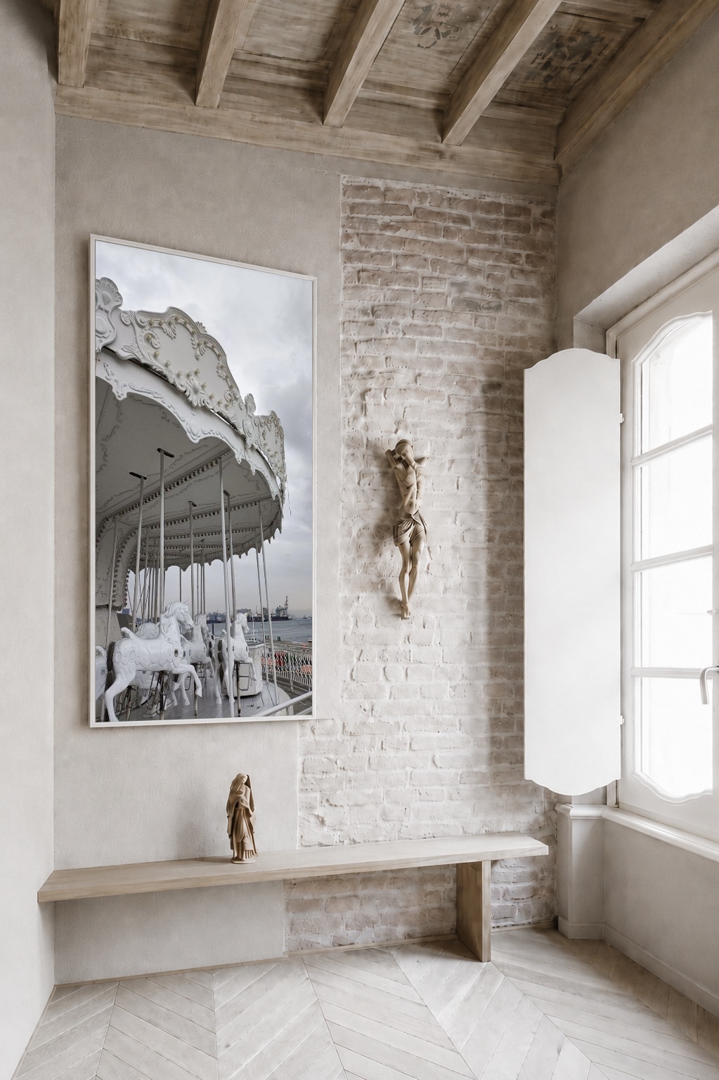 Quadro Canvas Carrossel Branco Vintage Retrô