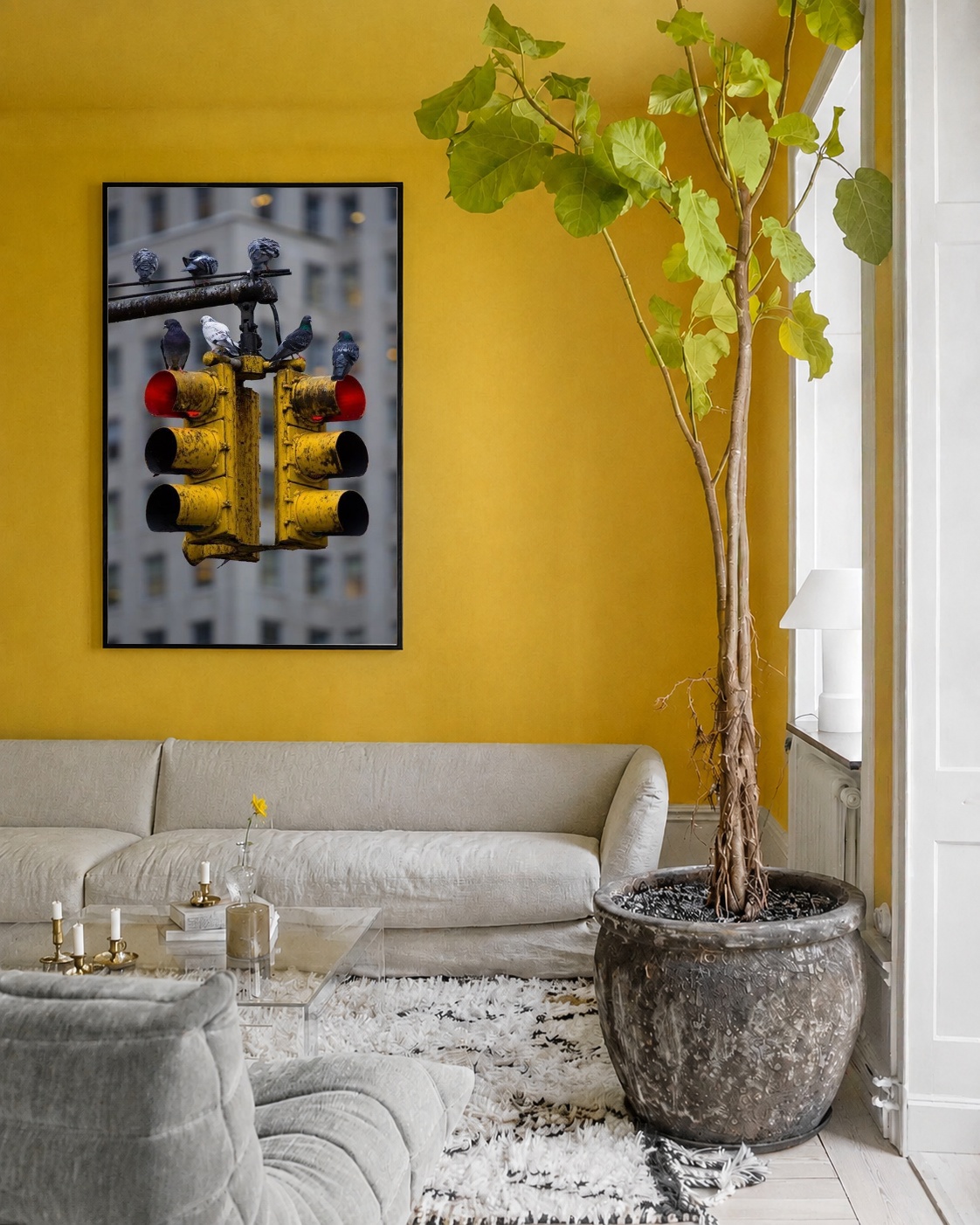 Quadro Canvas Cidade Moderno Semáforo Amarelo