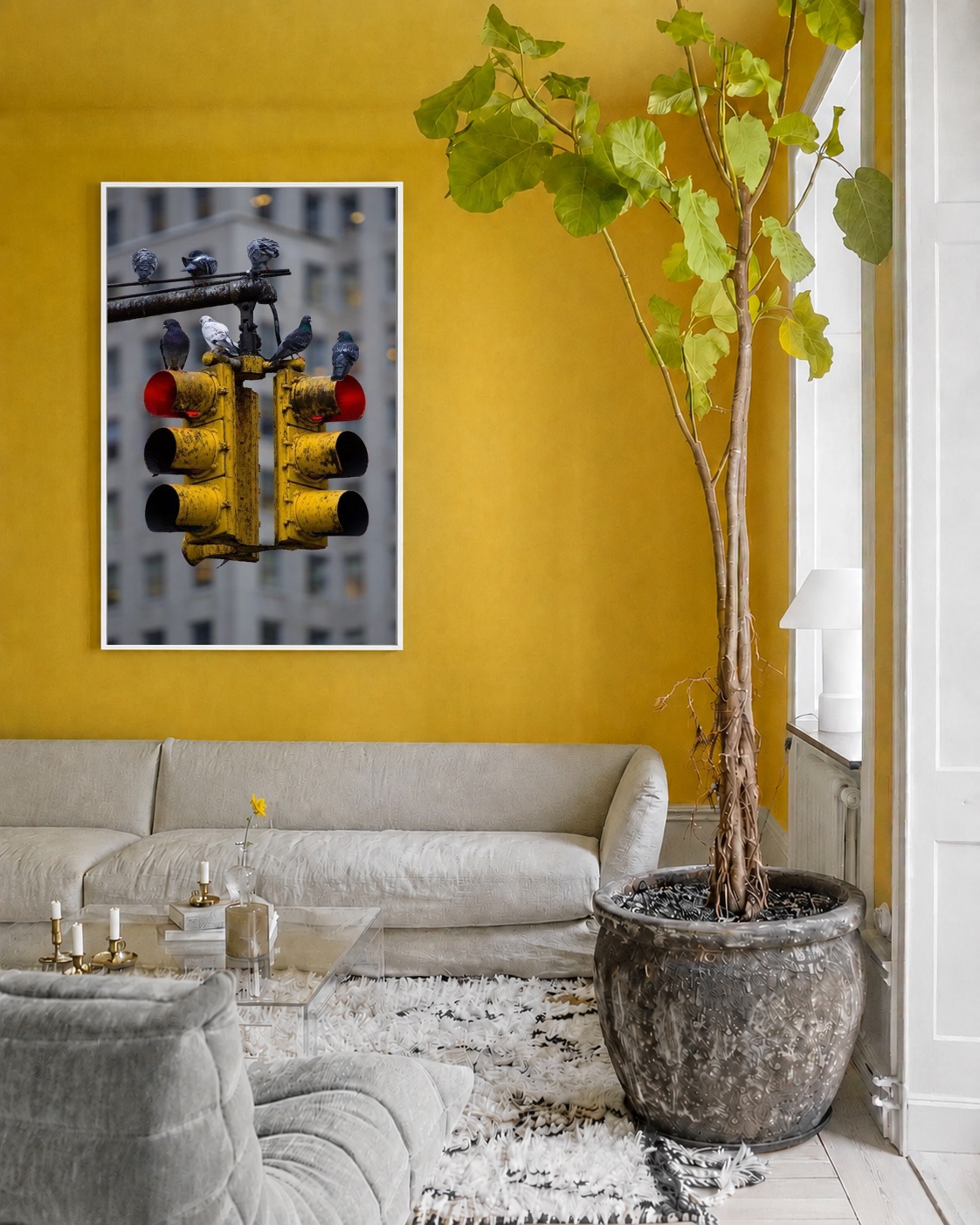 Quadro Canvas Cidade Moderno Semáforo Amarelo