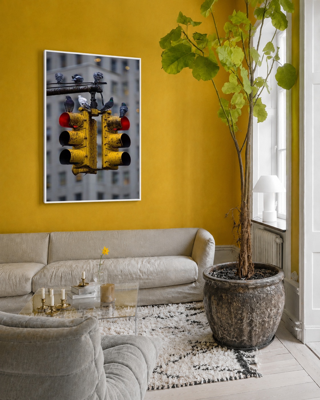 Quadro Canvas Cidade Moderno Semáforo Amarelo