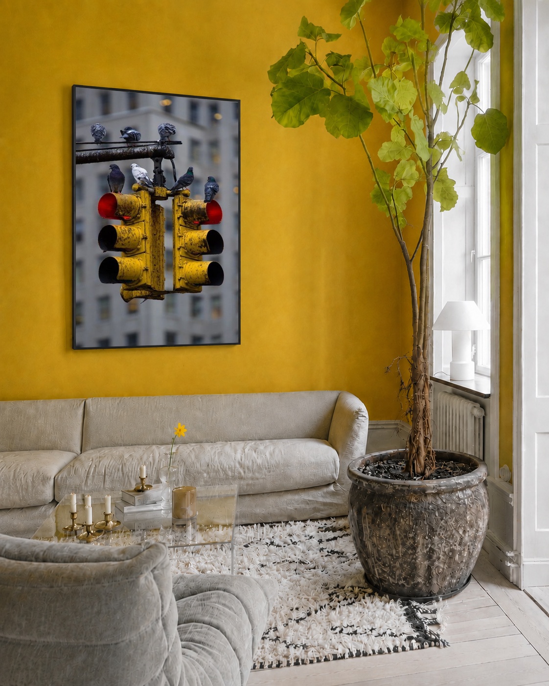 Quadro Canvas Cidade Moderno Semáforo Amarelo