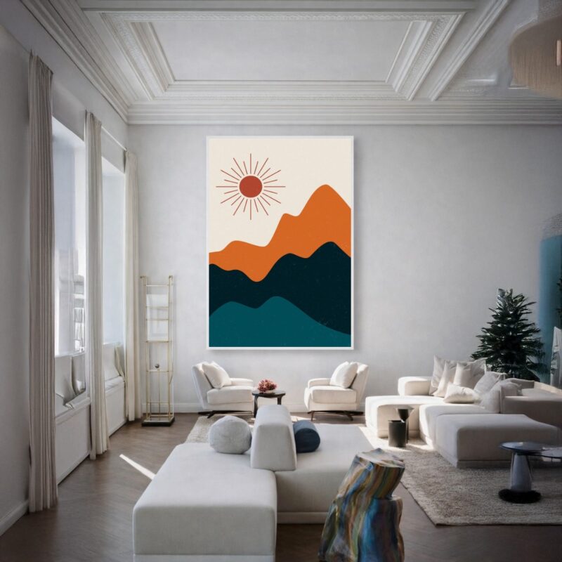 Quadro Canvas Desenho Sol Montanhas Colorido