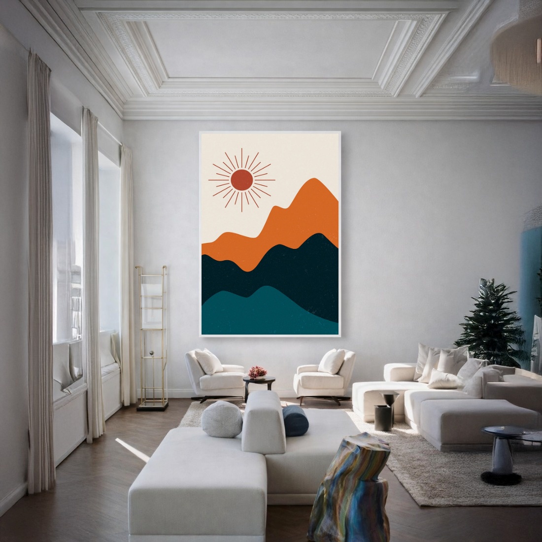 Quadro Canvas Desenho Sol Montanhas Colorido