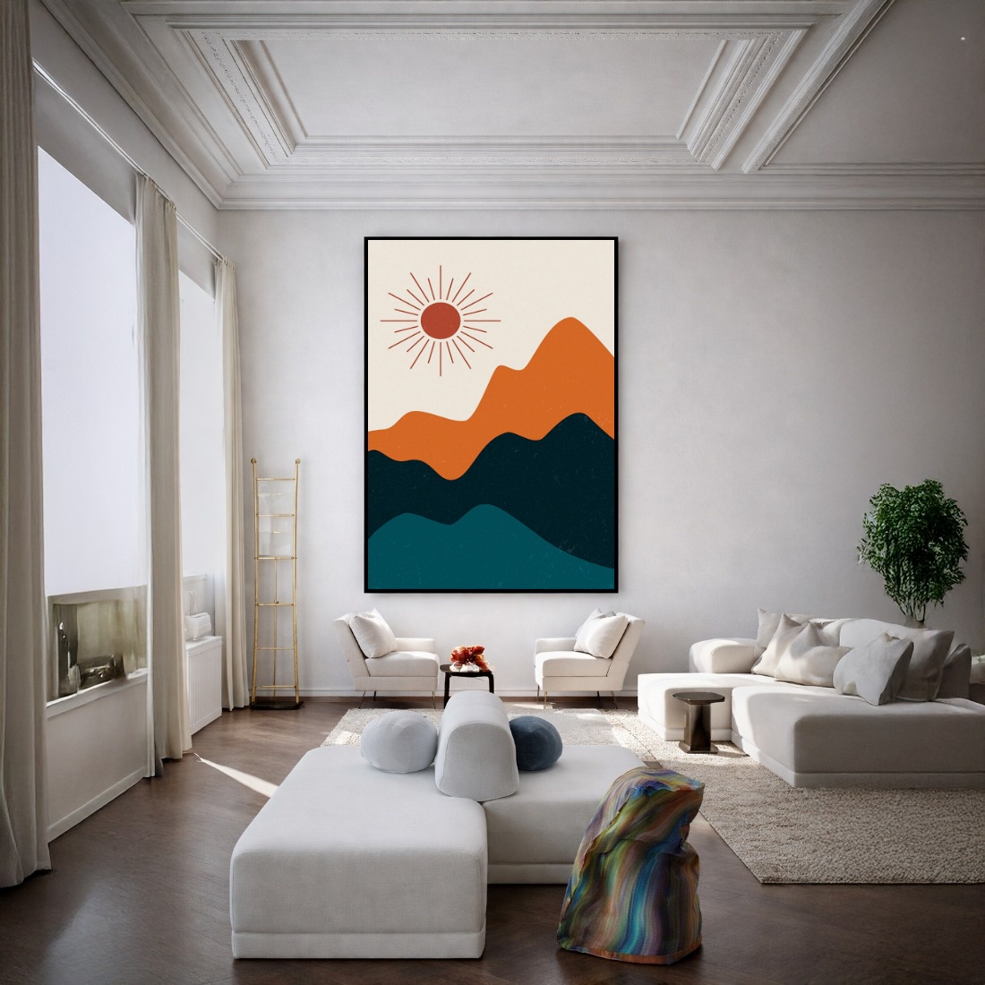 Quadro Canvas Desenho Sol Montanhas Colorido