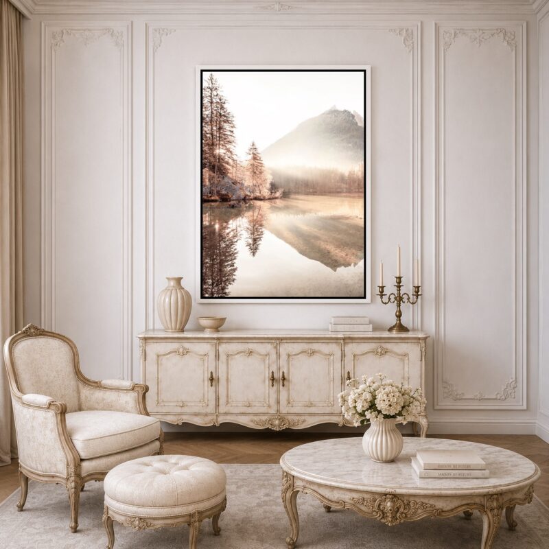 Quadro Canvas Lago Iluminado Bege Branco