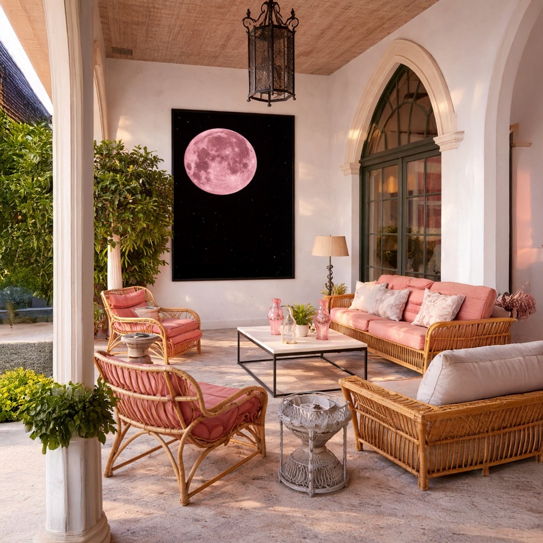 Quadro Canvas Lua Rosa Estrelas Noite