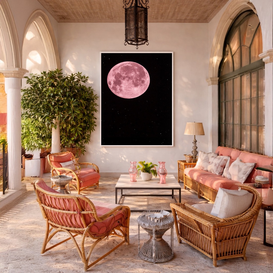 Quadro Canvas Lua Rosa Estrelas Noite