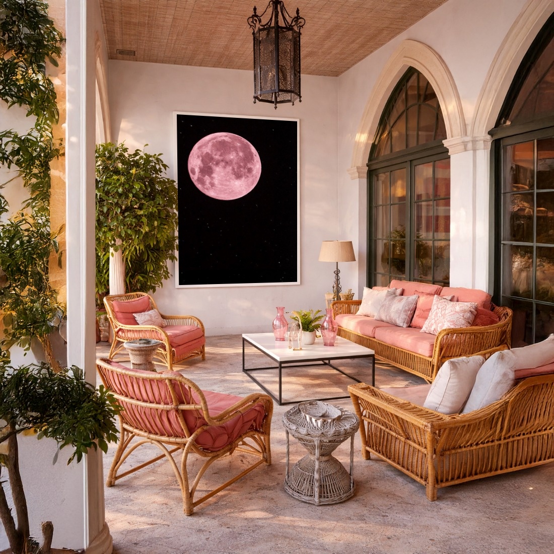 Quadro Canvas Lua Rosa Estrelas Noite