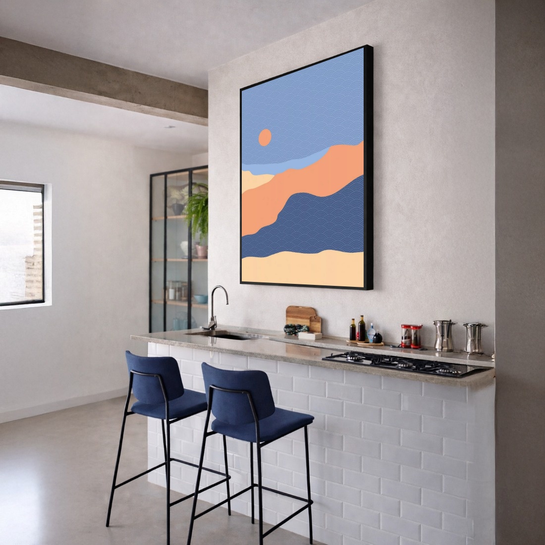 Quadro Canvas Sol Abstrato Azul Bege