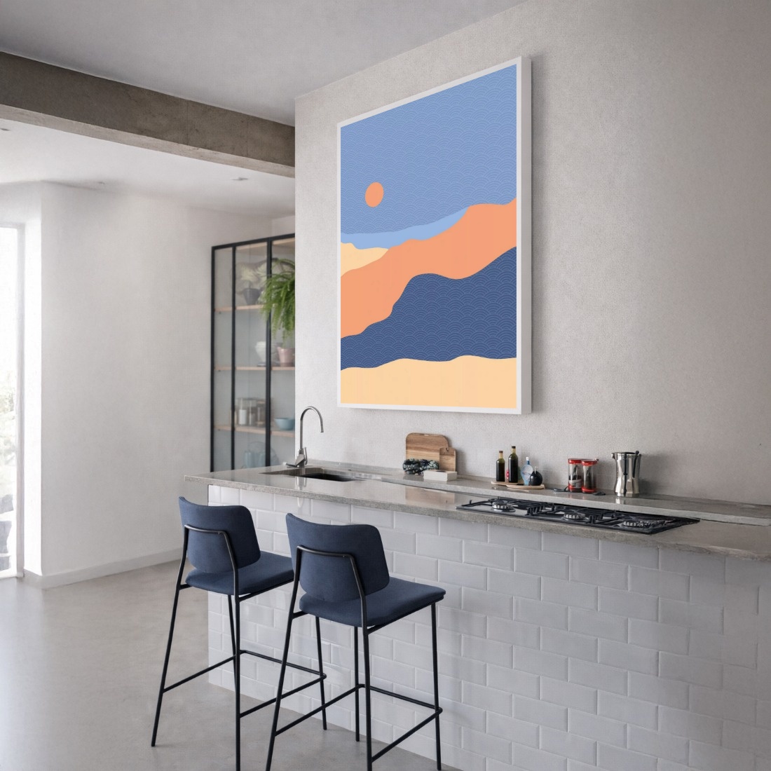 Quadro Canvas Sol Abstrato Azul Bege