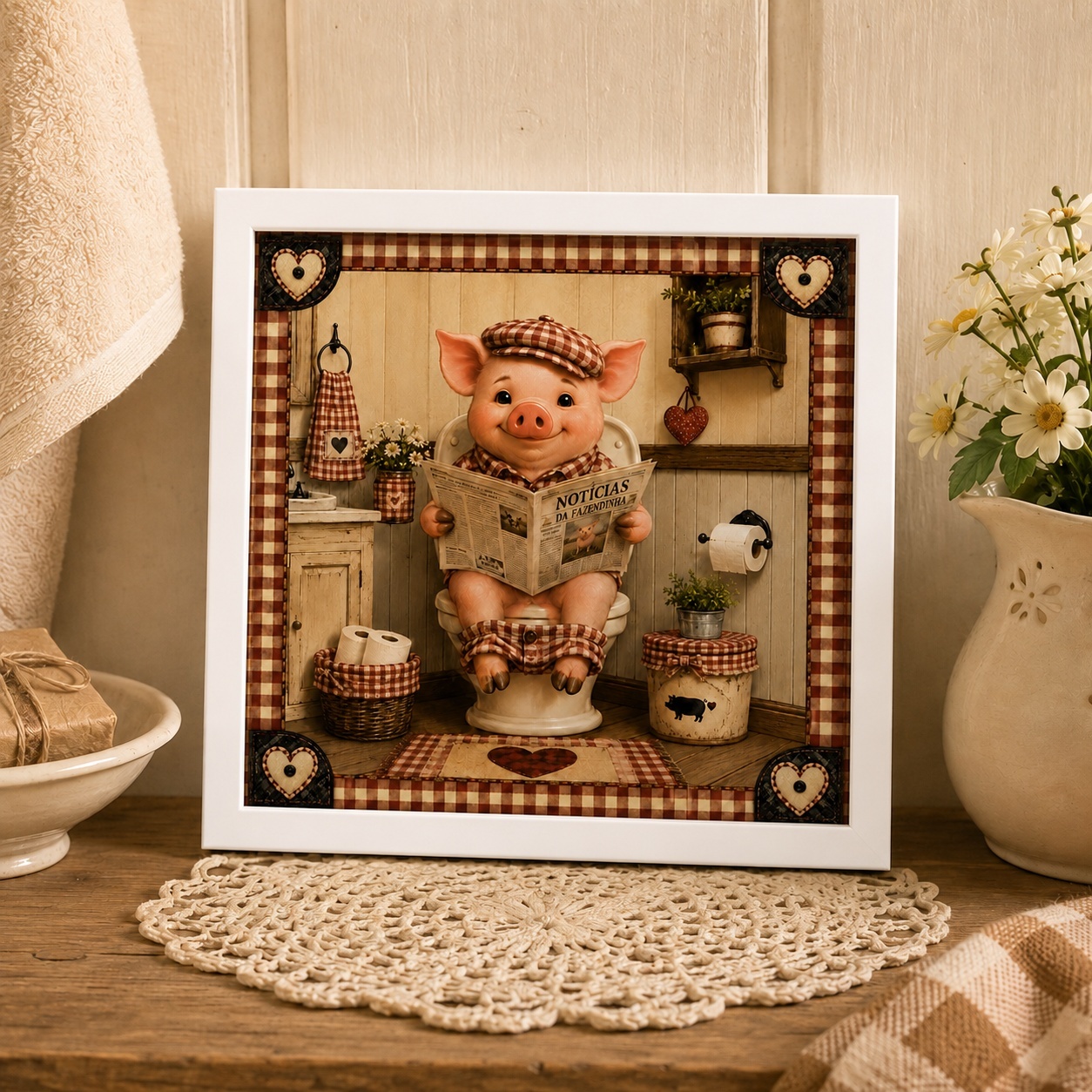 Quadro Country Porquinho No Banheiro - 33x33 Cm