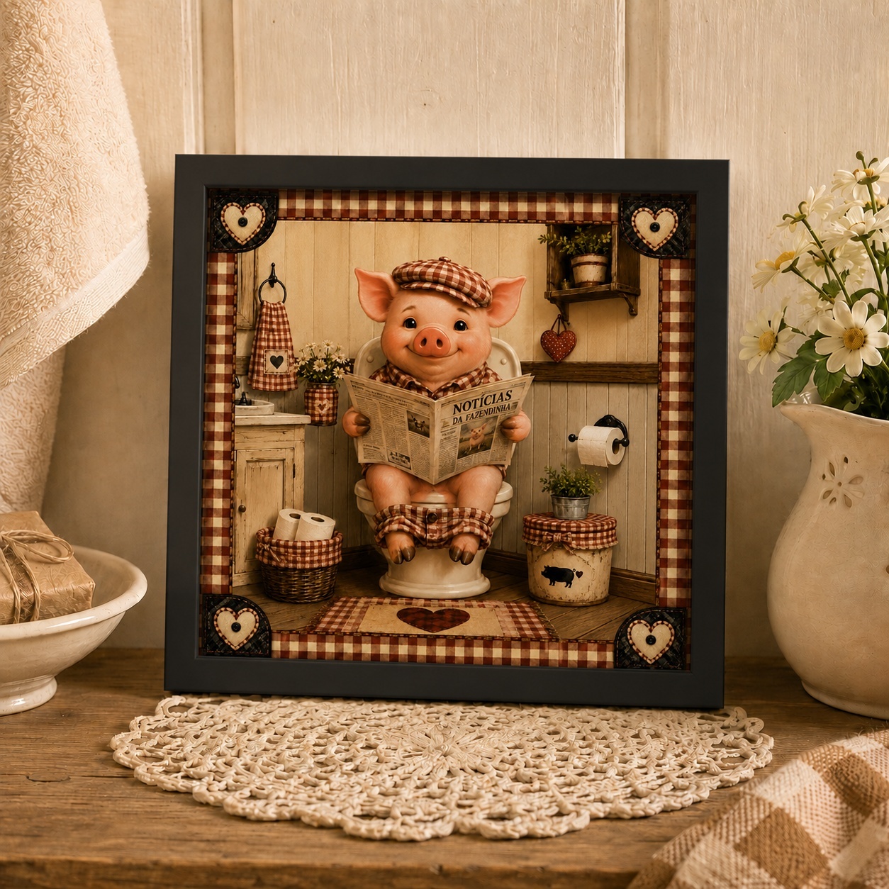 Quadro Country Porquinho No Banheiro - 33x33 Cm